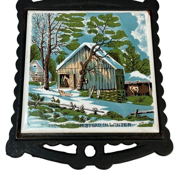 Vintage Currier and Ives Kitchen Cast Iron Tile Trivet "The Old Homestead" Japan - Picture 5 of 14